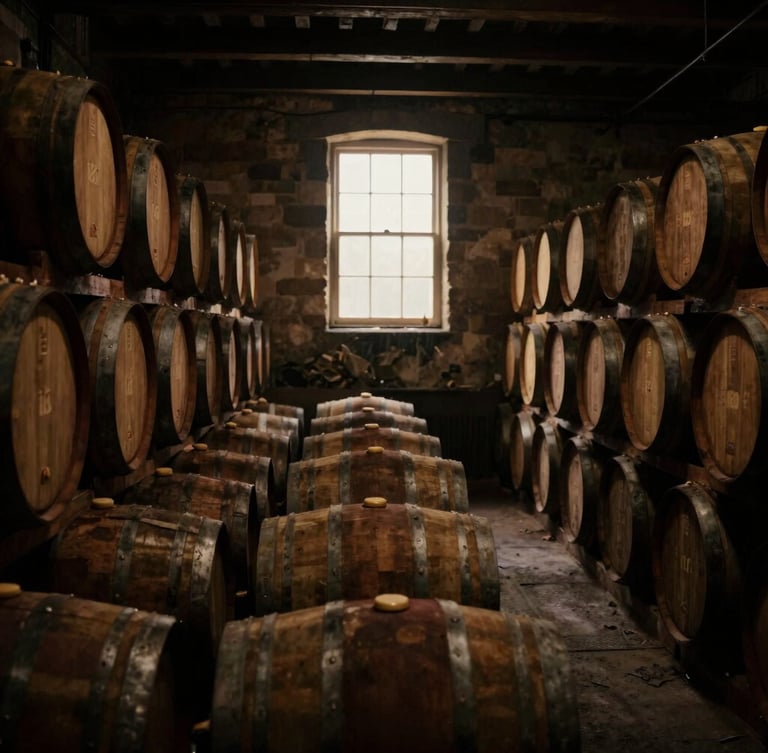 Wide environmental shot of an intimate, dimly lit Scottish dunnage warehouse, barrels stacked high in the shadows, soft golden light filtering through a window, 35mm