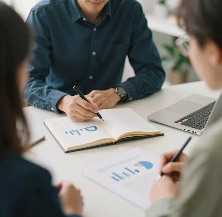 Over-the-shoulder shot of a collaborative financial consulting session, clean workspace, notebooks with neat charts, soft warm daylight, 35mm