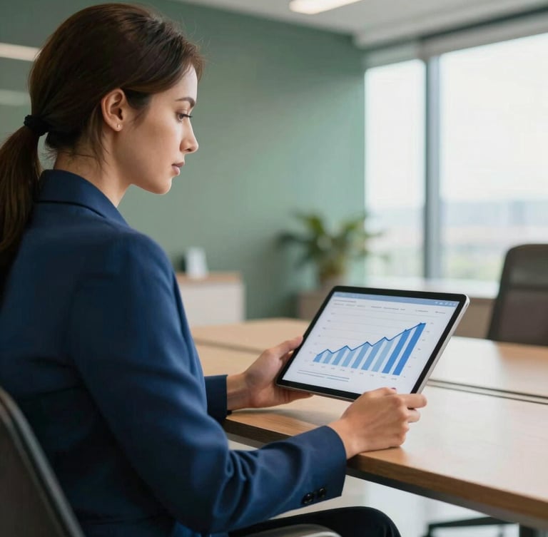 Uma consultora financeira elegante em um escritório moderno com luz natural, segurando um tablet com gráficos simples, vista de perfil, estilo fotográfico corporativo premium, 35mm.