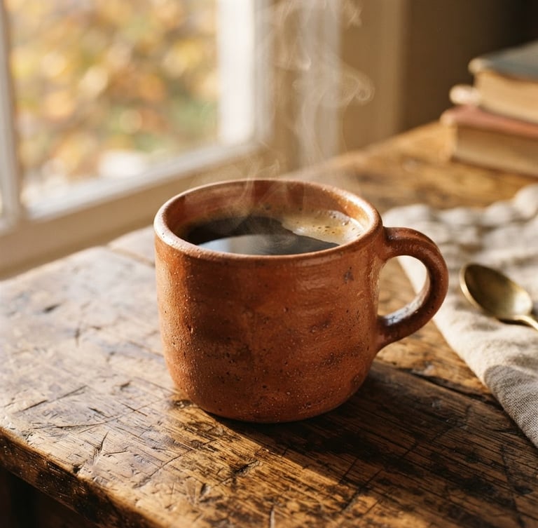 Warm editorial photography of a steaming terracotta mug filled with black coffee on a rustic wooden table, cozy golden-hour window light, rich saturated colors, tactile macro depth of field, 35mm