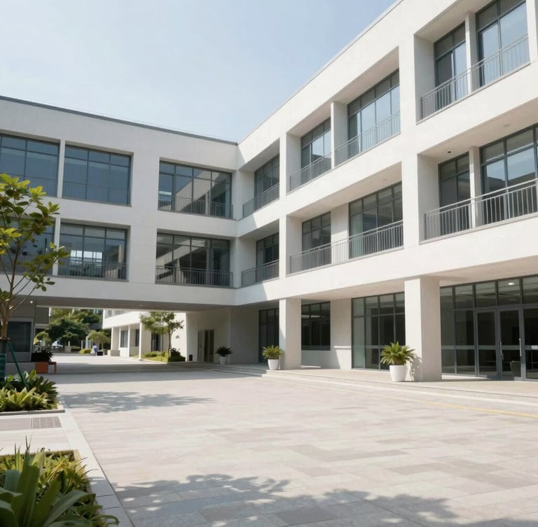 Bright architectural photography of a modern university campus courtyard with clean lines under natural daylight.