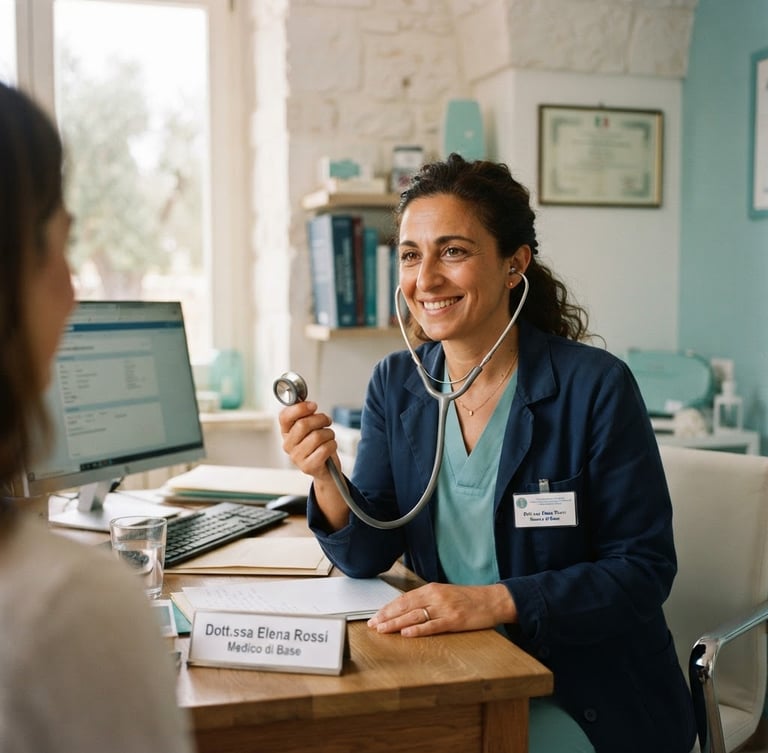 A professional Italian primary care doctor in a warm, naturally lit clinic in Puglia, holding a stethoscope, smiling reassuringly, soft teal accents, 35mm photography