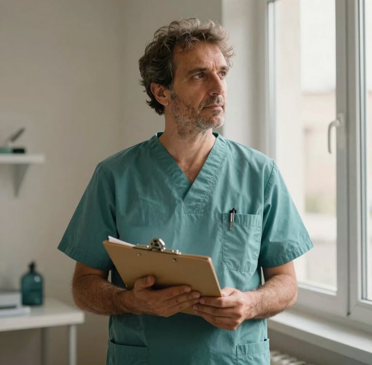 Environmental portrait of Dr. Piergiorgio Porro in a warm, naturally lit clinic in Puglia, holding a medical folder, looking thoughtfully towards the window, 35mm editorial photography, muted teal and slate tones