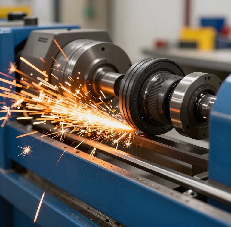 Lathe work in progress with controlled orange sparks, crisp workshop lighting, sharp focus on physical steel details, 50mm lens