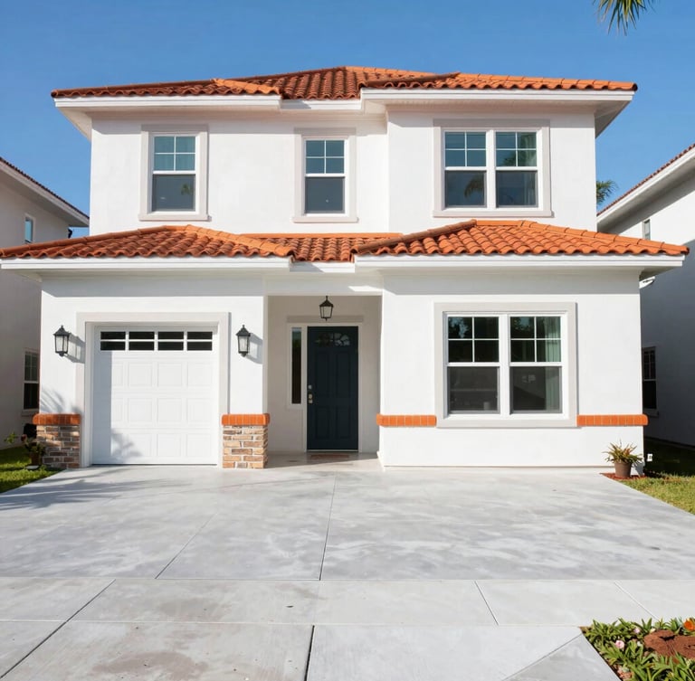 Bright natural daylight shot of a well-maintained Florida residential property exterior, clean lines, sharp focus, 50mm lens