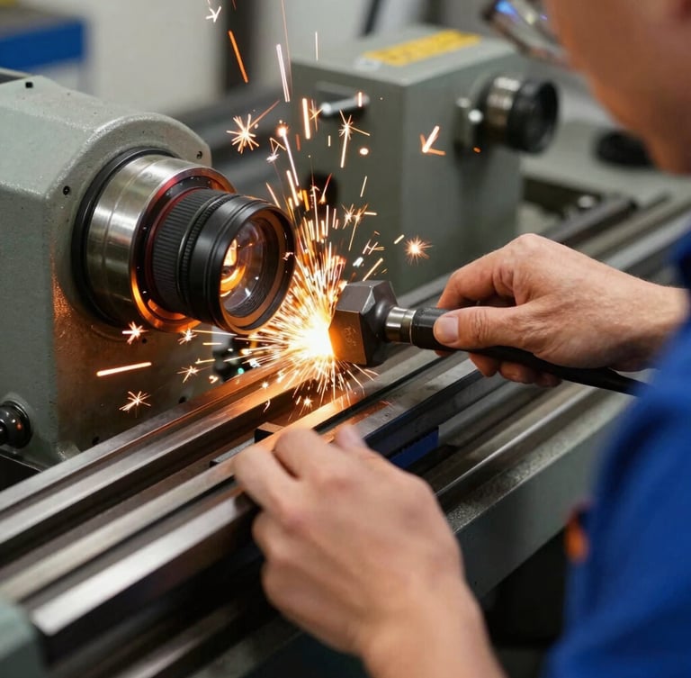 Close-up of a craftsman's hands operating a heavy-duty industrial lathe, safety orange sparks flying, crisp workshop lighting, 50mm lens