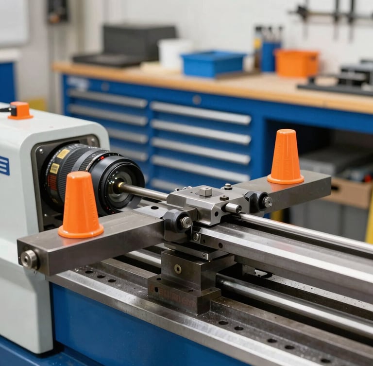 Sharp daylight photograph of a family-owned workshop in Callahan Florida, close-up of a heavy metal lathe with orange safety markers, clean and organized tool benches in the background, 50mm lens