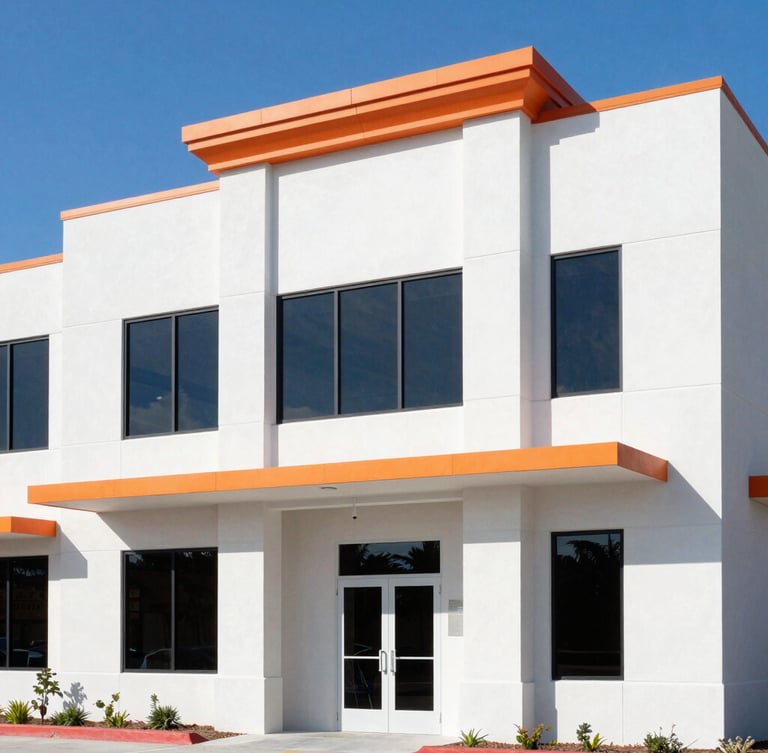 Bright high-contrast commercial photography of a modern, clean Florida commercial building facade under a clear blue daylight sky, sharp architectural lines.