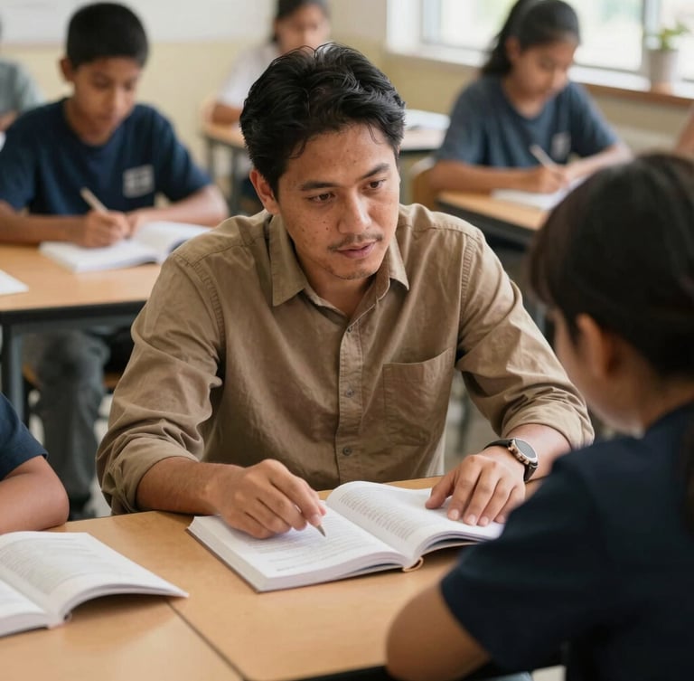 Warm editorial photograph of a local leader mentoring a student, both engaged in conversation over a textbook at a community center table, natural daylight, rich earthy tones, shallow depth of field, 35mm lens, focus on genuine interaction.