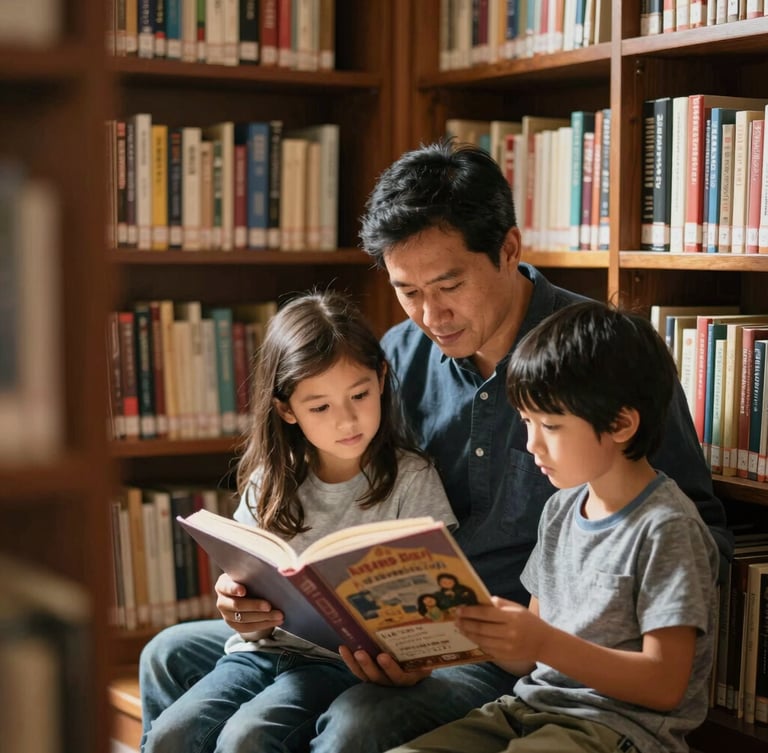 Candid shot of a mentor and a child reading together in a sunlit community library corner, warm natural light, rich earthy tones, shallow depth of field, 35mm lens