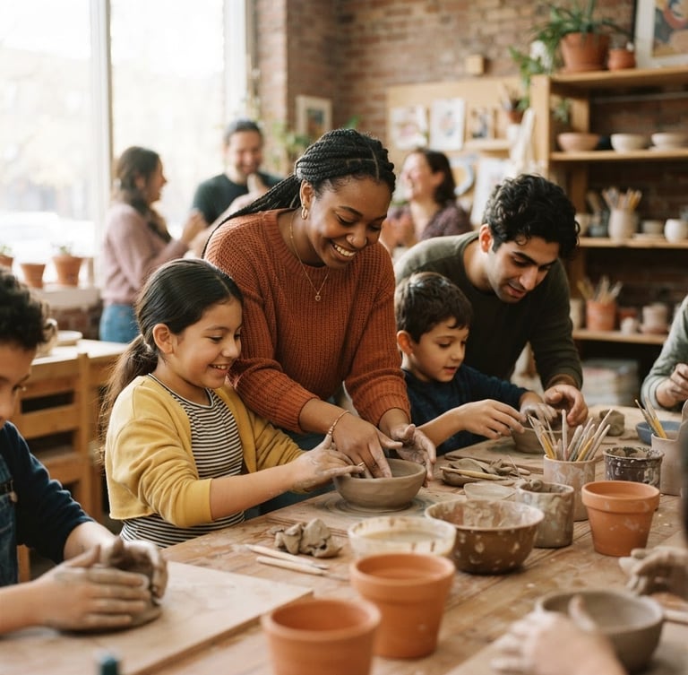 Warm editorial photograph of a diverse group of young adults and children engaged in a hands-on learning activity in a community center, natural daylight, rich earthy tones, shallow depth of field, 35mm lens
