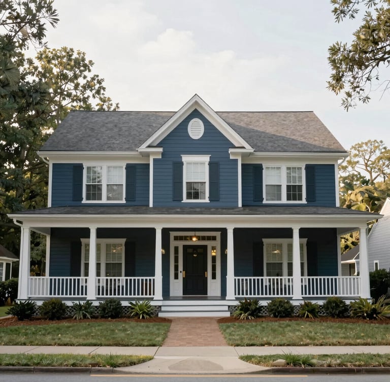 Classic Southern residential home with wide front porch under soft morning daylight, Augusta Georgia, clean architectural lines, 35mm