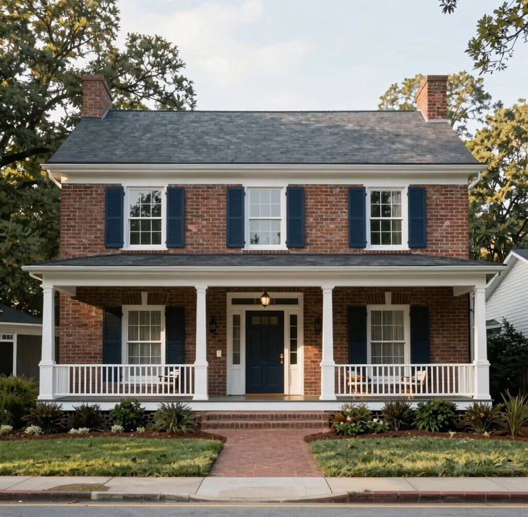 A classic southern brick home in Georgia with a clean front porch, framed by soft morning light, editorial architectural style.