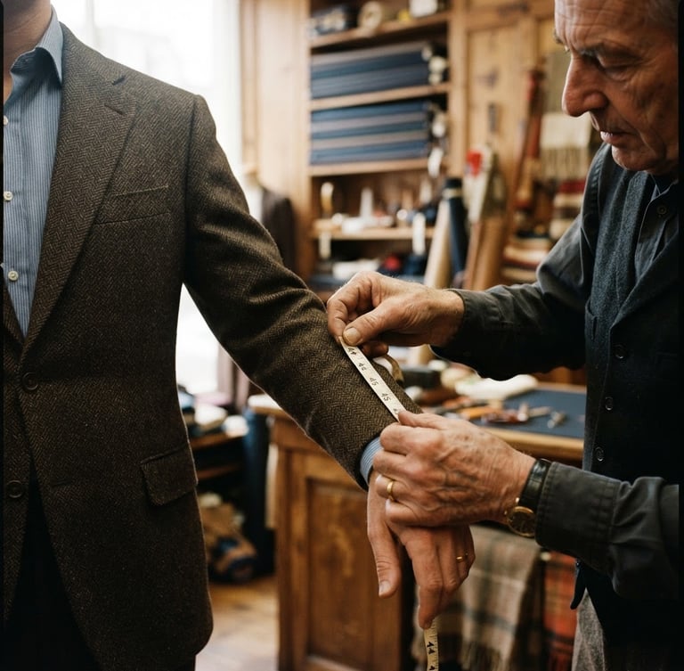warm editorial photography, close-up of a tailor measuring a premium wool suit jacket, soft indoor light, rich classic tones, shallow depth of field, 35mm