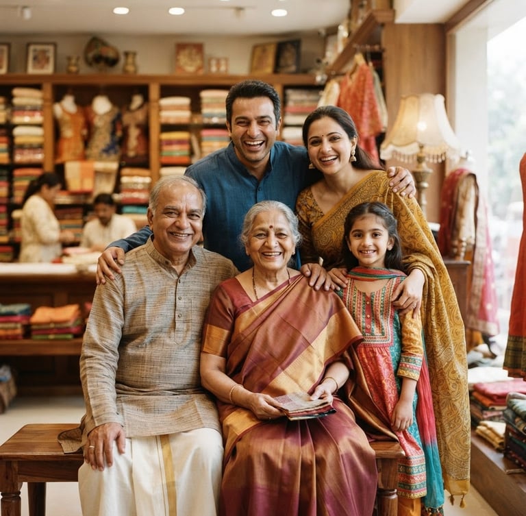 Warm editorial 35mm photograph of a multi-generational Indian family smiling together in a classic, well-lit retail space, soft natural indoor light, rich tones.