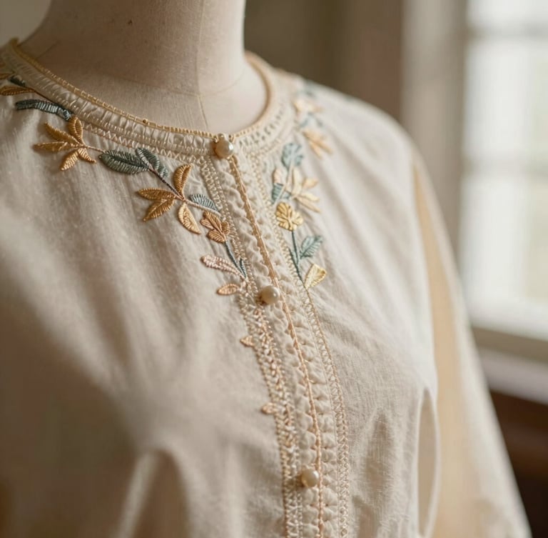 A close-up of premium hand-stitched embroidery on an elegant garment, warm natural window light, shallow depth of field, 35mm.