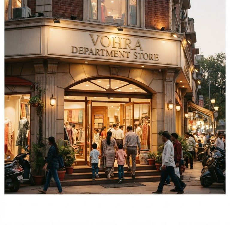 Warm environmental shot of the Vohra Department Store facade in South Extension, Delhi, soft evening light, elegant brass signage, families walking in, 35mm photography