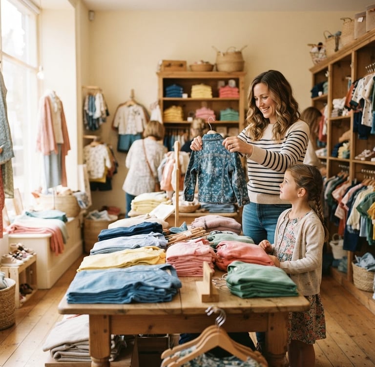 Wide indoor shot of a brightly lit children's clothing section, neatly folded colorful cotton shirts on wooden tables, a mother holding up a small jacket, warm natural window light, 35mm photography.