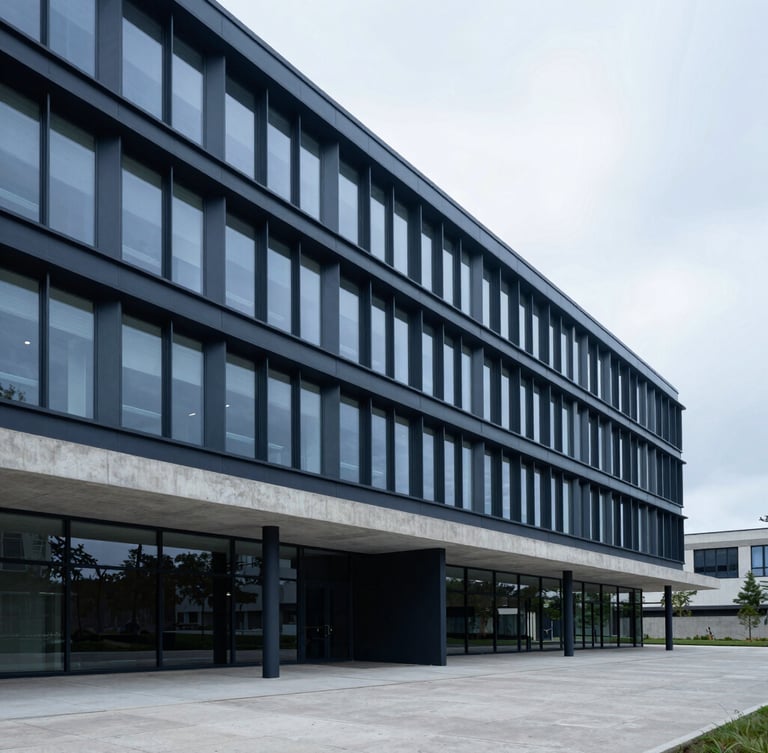 Wide architectural perspective of a modern concrete and steel corporate headquarters, clean lines, cool overcast daylight, deep blue tones