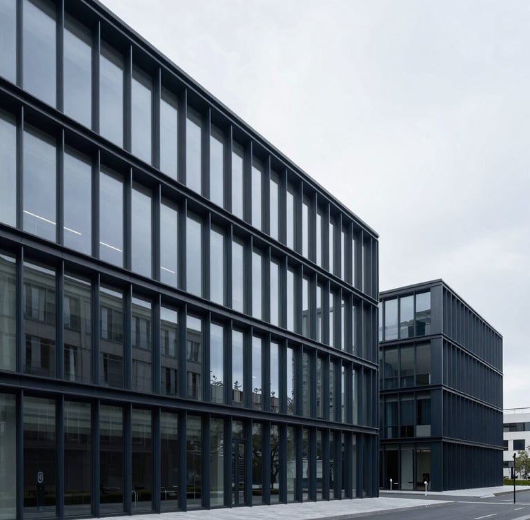 Wide architectural perspective of a modern minimalist office building with clean steel and glass lines, cool overcast daylight, deep navy tones, 35mm.