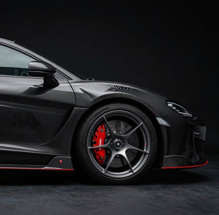 Dramatic low-key studio lighting reflecting on the sharp carbon fiber silhouette of a modern supercar, deep black background, sliver of red brake caliper visible, portrait aspect.
