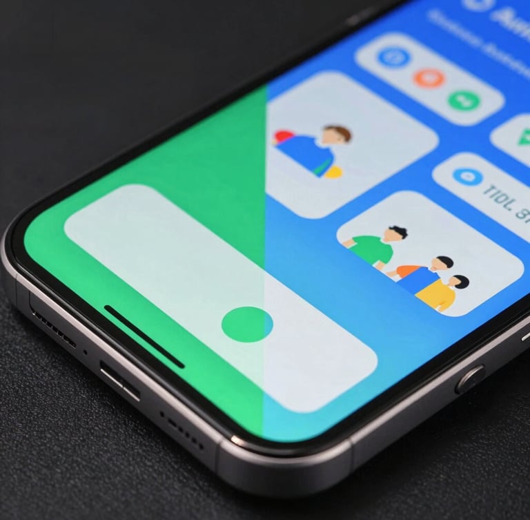 A close-up isometric render of a physical Android device displaying side-by-side layout differences with large touch targets on one half and educational UI on the other, sharp green and blue studio lighting.
