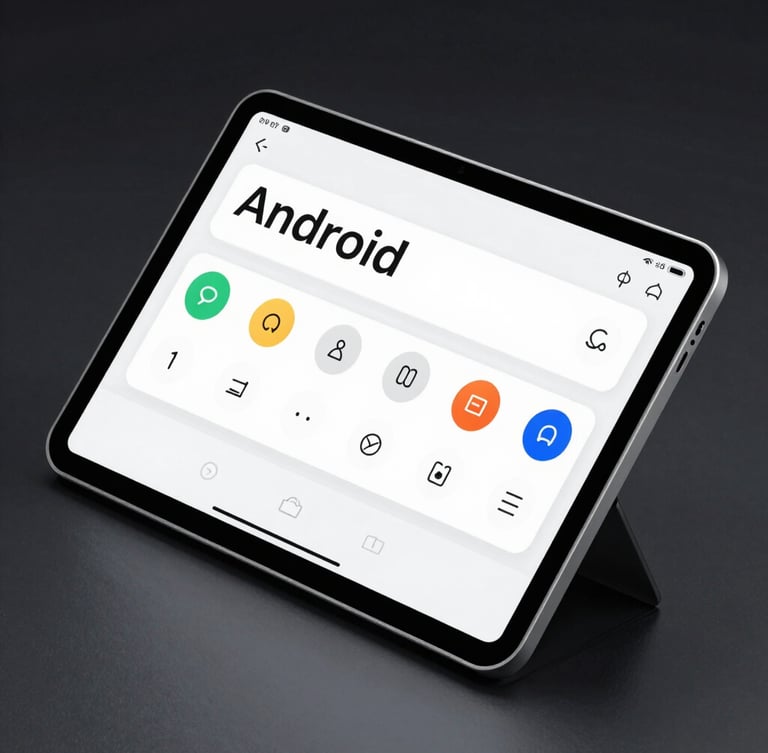 Isometric high-fidelity render of an Android tablet interface designed for seniors, featuring ultra-clear typography, high-contrast buttons, and simplified linear navigation, glowing in a dark studio setting.