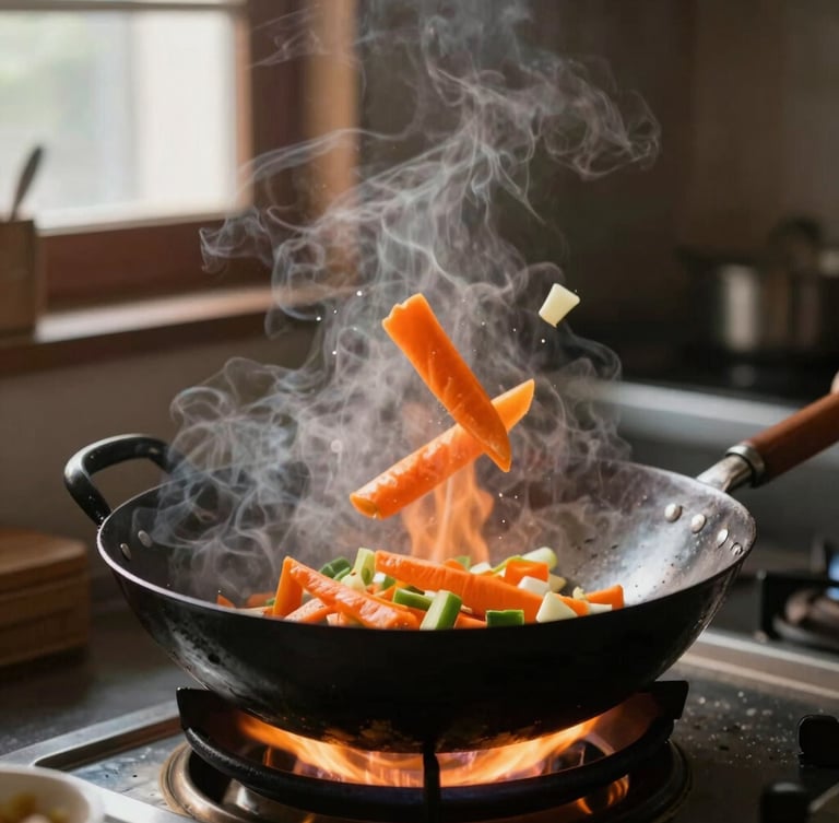 Steam rising from a hot wok over bright orange flames, fresh chopped vegetables flying in mid-air, dark kitchen background, warm moody editorial style