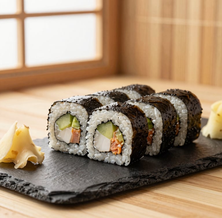 Warm editorial food photography of freshly rolled sushi on dark slate, ginger slices, soft bamboo background, warm window light, 35mm