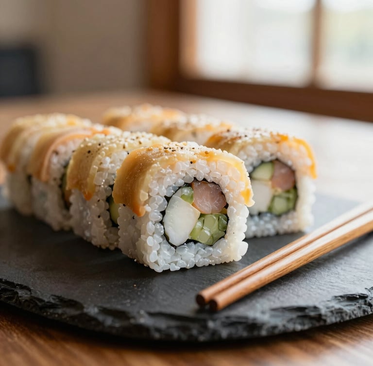Close-up of freshly rolled premium sushi on a dark slate plate, wooden chopsticks resting on the side, soft warm lighting, bokeh background