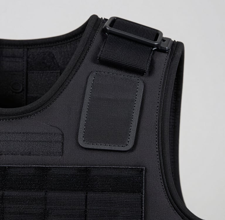 Macro detail shot of heavy-duty nylon tactical vest stitching, high-contrast studio lighting, neutral gray background, sharp focus