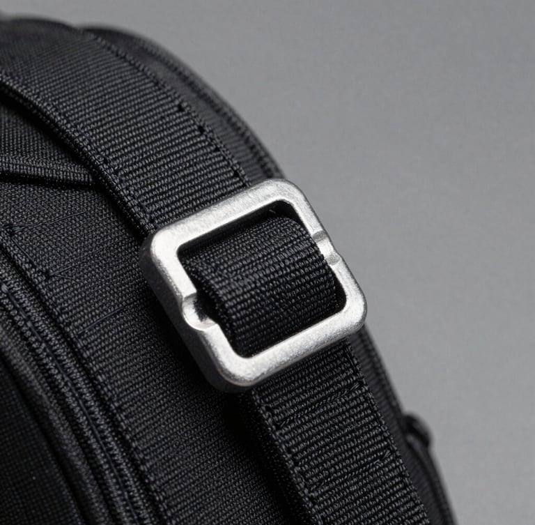 Crisp macro detail of heavy-duty tactical nylon stitching and steel buckle under harsh white studio spotlight, high contrast, neutral gray background, 50mm lens