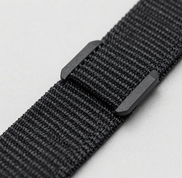 Macro detail shot of heavy-duty nylon stitching on a tactical strap, high-contrast studio lighting, revealing fabric texture and fiber strength