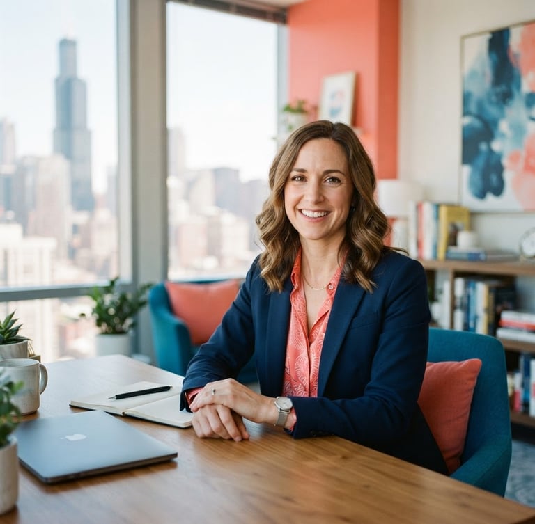 A professional environmental portrait of a female career counselor in a bright modern Chicago office, natural daylight, vibrant blue and coral accents, shallow depth of field, 35mm