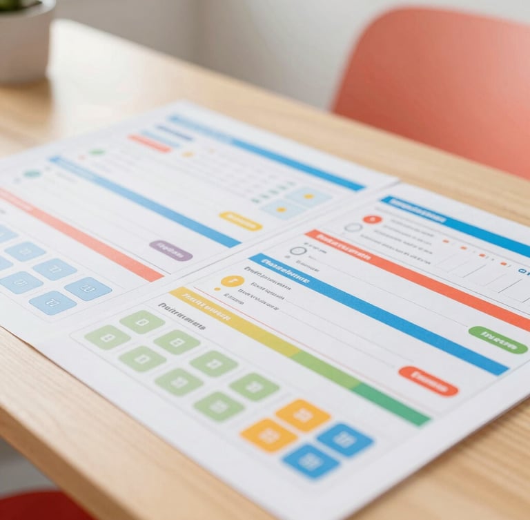 Close-up of physical assessment materials and colorful aptitude test charts on a clean wooden desk, bright natural daylight, vibrant coral accents, shallow depth of field