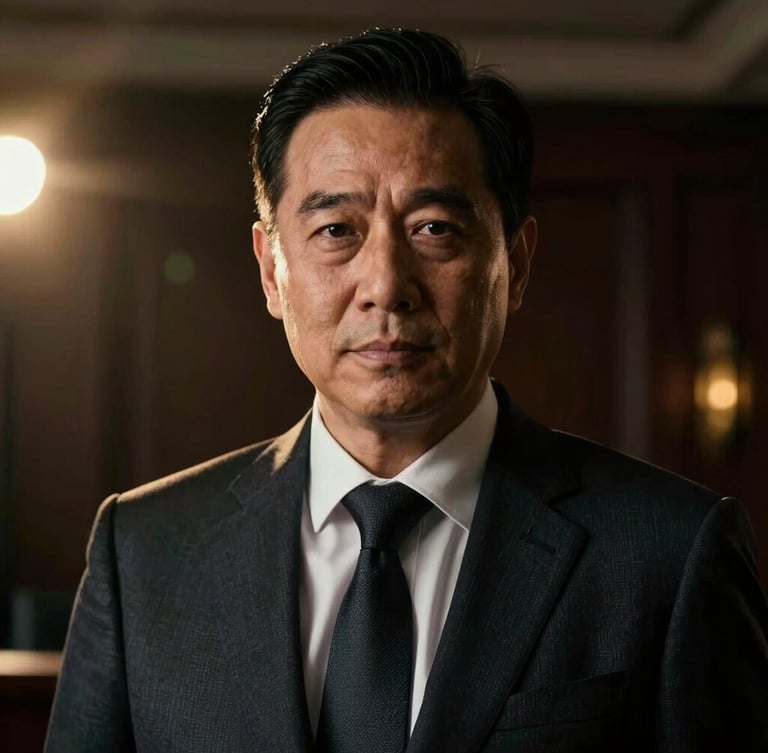 Authoritative close-up portrait of an experienced real estate mentor in a tailored dark suit, low-key dramatic rim lighting, moody boardroom background, cinematic luxury.