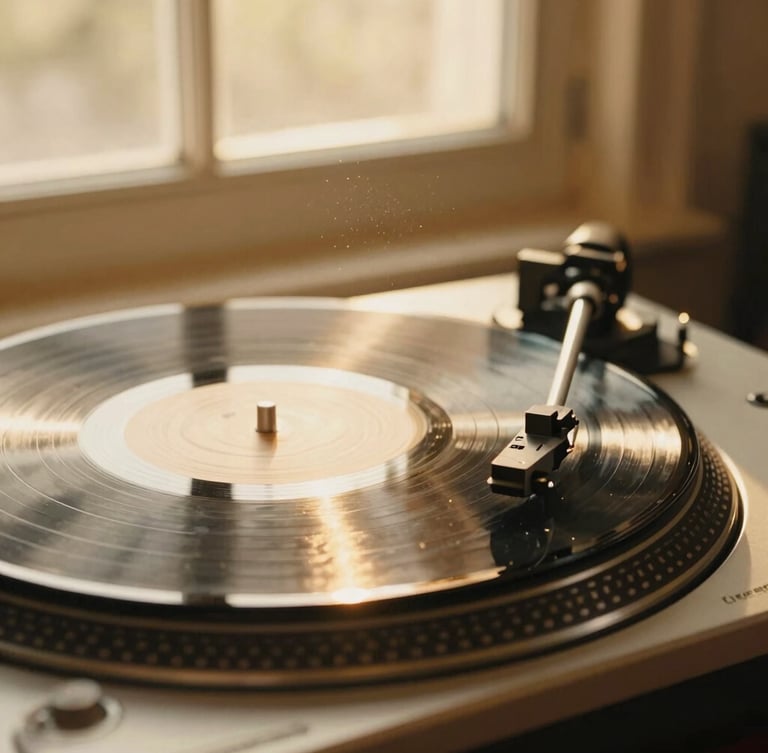 A close-up of vintage vinyl records spinning on a turntable, warm golden hour light pouring through a window, dust motes in the air, nostalgic atmosphere