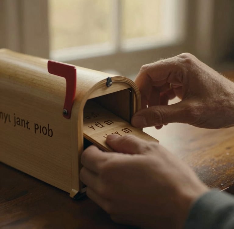 Close-up of a couple's hands gently opening a personalized wooden letter box, soft golden light, intimate moment, tactile details of wood grain and engraved initials, cinematic.