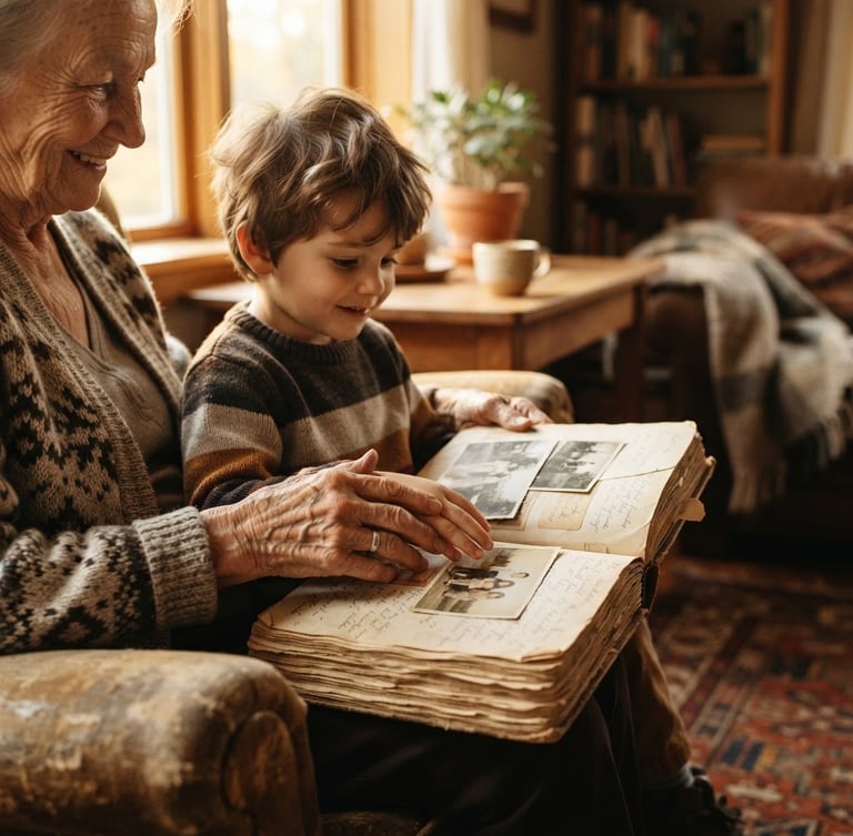 Avó e neto folheando um livro de memórias artesanal, as mãos envelhecidas e jovens tocando as páginas, luz dourada de fim de tarde, ambiente acolhedor de sala de estar, foco nas texturas do papel e das mãos.