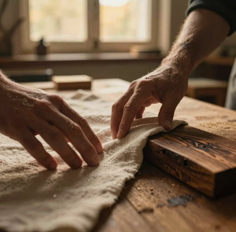 Extreme close-up of hands touching a textured linen fabric and a piece of raw, dark walnut wood on a rustic workshop table, warm golden-hour light streaming through a window, shallow depth of field, 35mm