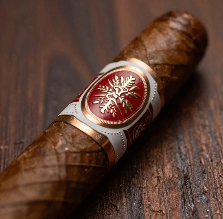 Extreme close-up of a premium cigar band with embossed copper foil details and intricate relief patterns, resting on dark Spanish cedar wood, dramatic side lighting