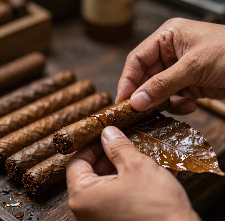 Extreme close-up of hands carefully rolling a dark, oily wrapper leaf around a cigar bunch in a traditional factory, warm dramatic side lighting, rich textures.