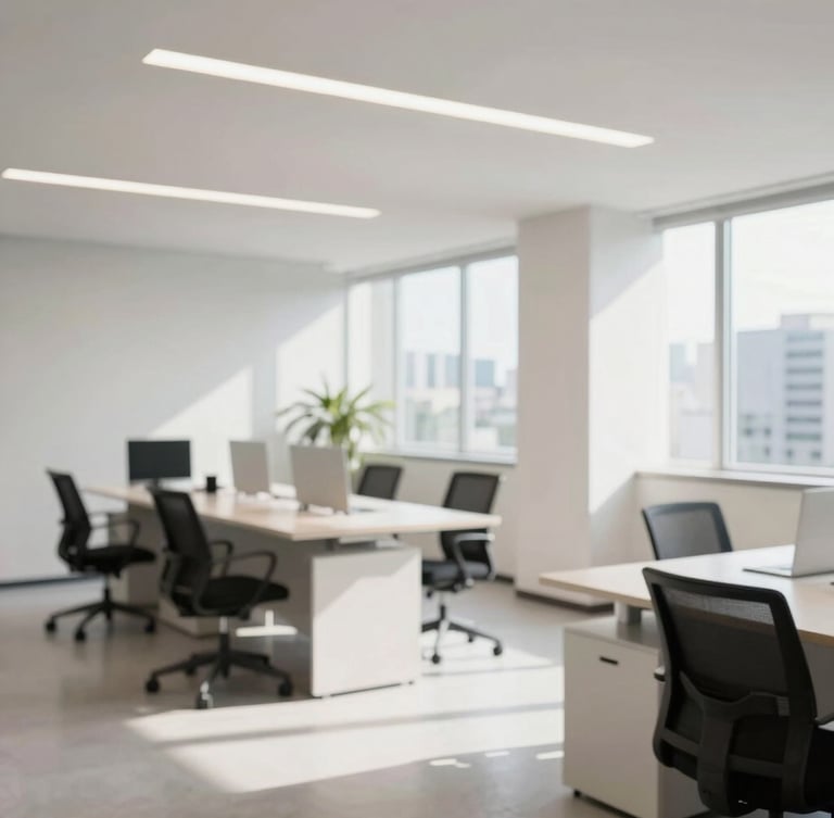 Architectural shot of a modern clean office space in São Paulo, bright natural daylight, professional corporate environment, shallow depth of field