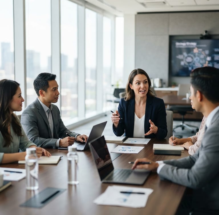 Modern corporate boardroom strategy session, clean professional tones, bright natural office daylight, shallow depth of field, 35mm