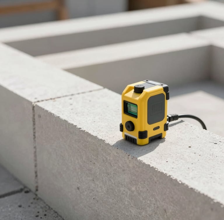 Close-up of clean, modern masonry work being measured with a laser level, bright natural daylight, sharp details, professional technical focus, 35mm lens