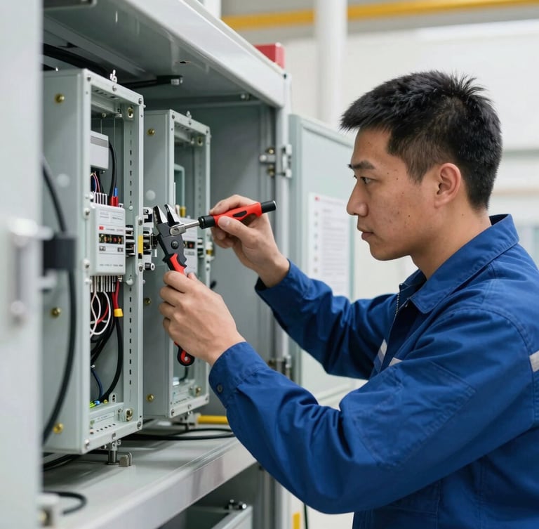 Plano medio de un técnico uniformado ajustando con precisión un tablero eléctrico industrial, luz natural diurna, enfoque nítido en las herramientas.