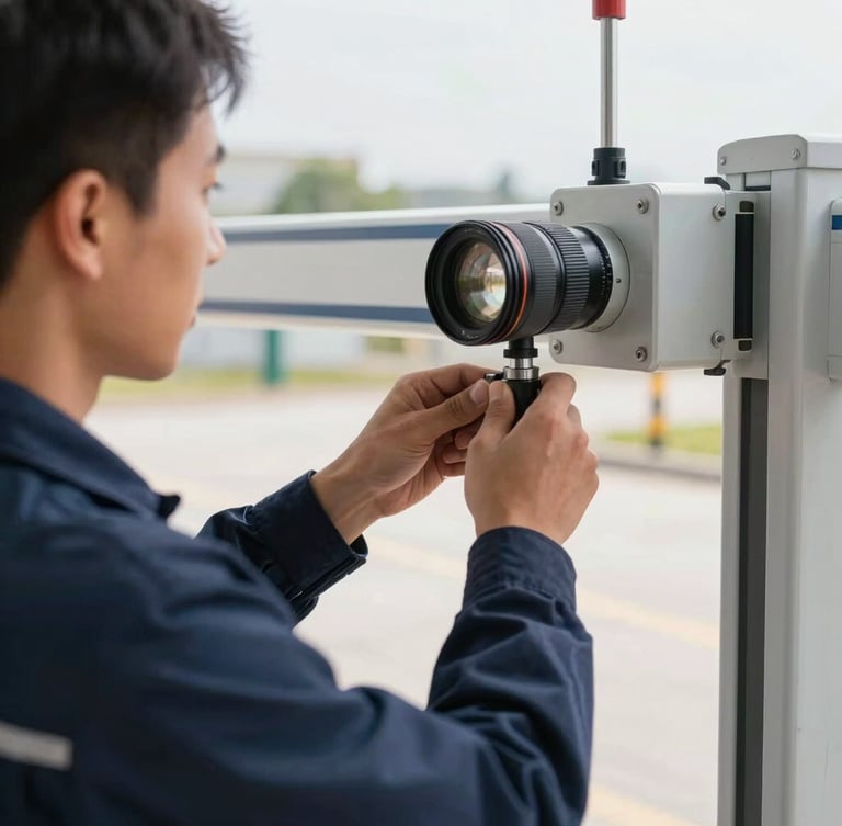 Close-up of a technician in a dark blue uniform calibrating an automatic gate mechanism, bright natural daylight, clean technical focus, sharp details, 35mm lens