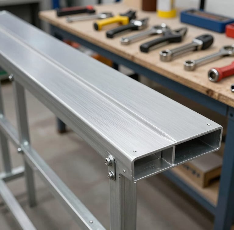 Primer plano de un acabado de pintura impecable sobre una estructura metálica de herrería, herramientas de precisión ordenadas al fondo sobre mesa de trabajo.