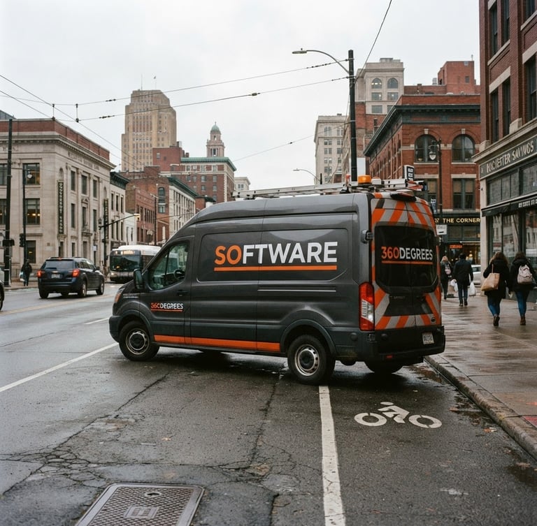 Branded 360DEGREES SOFTWARE service vehicle, dark gray with high-visibility orange accents, parked on a Rochester city street, overcast daylight, wide shot.