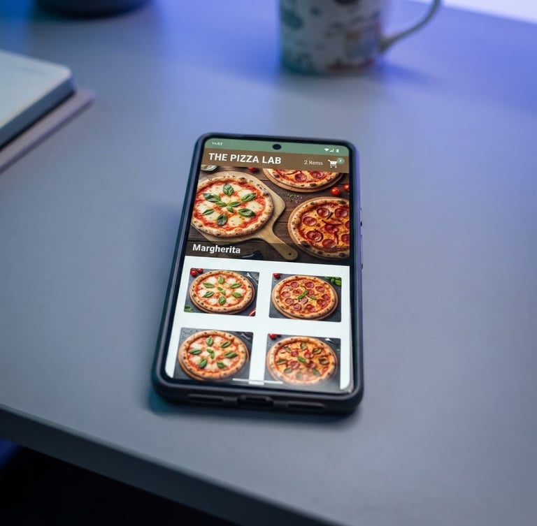 Close-up of a modern smartphone displaying a vibrant local pizzeria website with an integrated shopping cart, clean digital product photography on a minimalist desk, subtle blue and violet ambient studio light, sharp focus, 35mm